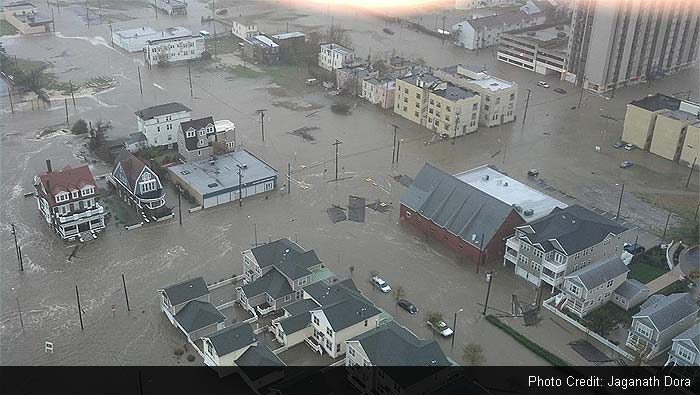 Superstorm Sandy slammed into the New Jersey coastline and hurled a record-breaking 13-foot surge of seawater at New York City on Monday, roaring ashore after washing away part of the Atlantic City boardwalk and putting the presidential campaign on hold. At least 13 people have been reported dead.<br><br> This image shows a neighbourhood in New Jersey.