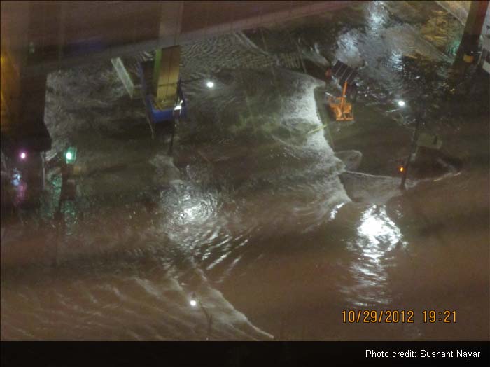 View of a New York street left flooded after Superstorm Sandy hit the city.<br><br>This image was sent by Sushant Nayar.