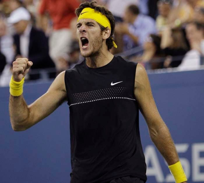 Juan Martin del Potro, of Argentina, reacts after winning the fourth set over Roger Federer, of Switzerland, during the men's finals championship at the U.S. Open tennis tournament in New York, Monday, Sept. 14, 2009. (AP Photo)