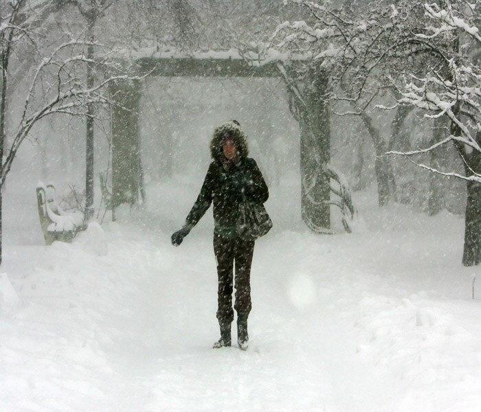 A woman makes her way through the Brooklyn Botanic Garden in New York on Wednesday. The second snowstorm to sweep across the Northeast in less than a week played havoc with the routines of the US citizens.(NYT Photo)