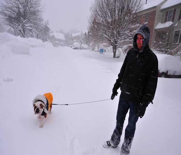 A man walks his dog in the snow. The east coast of the US has been slammed by a major winter snowstorm that has halted almost all travel.(AFP Photo)