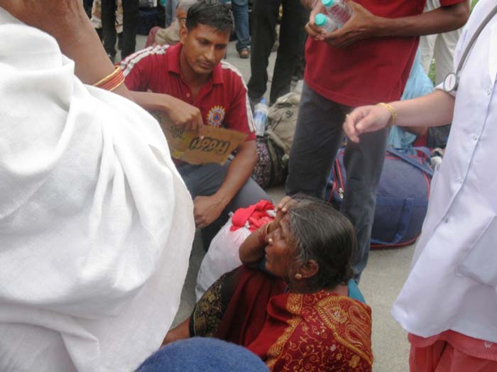 Pilgrims who are able to walk are trekking from Badrinath to Joshimath, 44 kms away, and then to a base camp in Gauchar, which is another 14 kms.<br><br>Image courtesy: NDRF<br><br>For more information, go to <a href="http://www.ndtv.com/sos" class="fbld fn fl ">www.ndtv.com/sos</a>