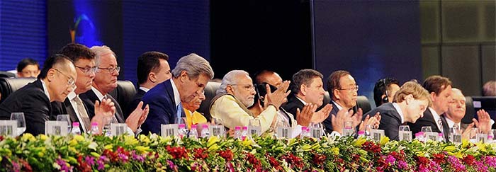 Prime Minister Narendra Modi with other dignitaries during inauguration of the 7th Vibrant Gujarat Global Summit 2015 in Gandhinagar, Gujarat.