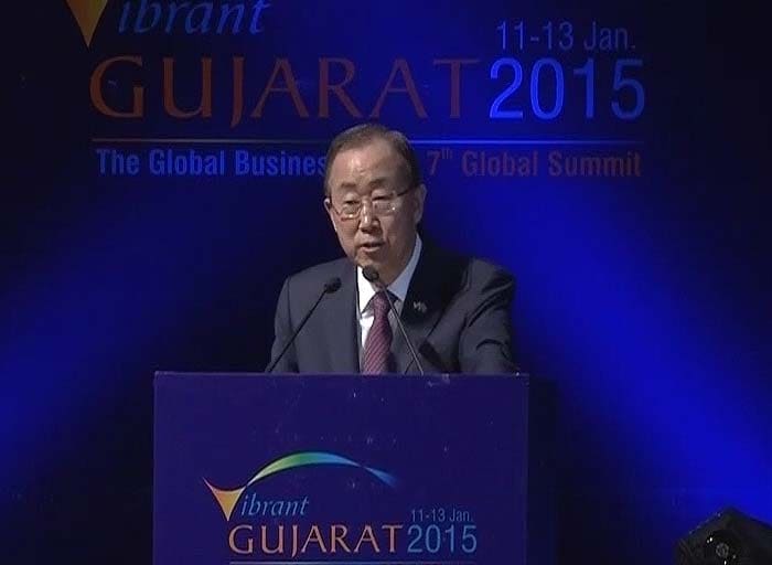 UN Secretary-General Ban Ki-moon addressing the gathering at the Vibrant Gujarat Summit 2015 in Gandhinagar.