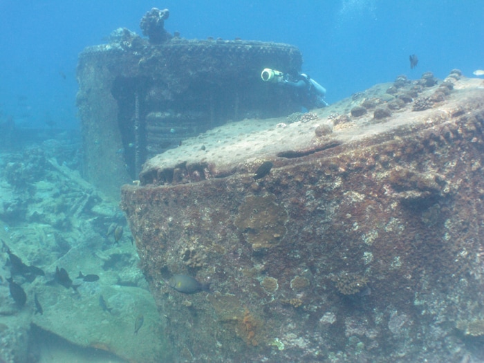 Vishnu Som filming the boilers of one of the steamship wrecks off Minicoy, Lakshadweep.