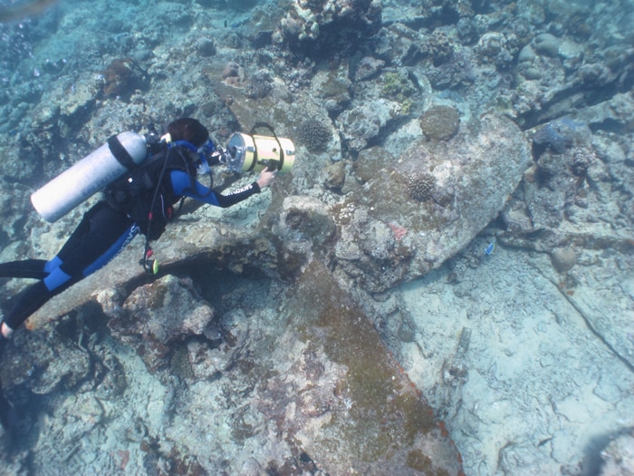 Mitali Kakar filming one of the giant propellors of one of the steamship wrecks off Minicoy, Lakshadweep.