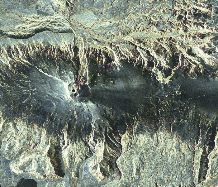 A computer enhanced image provided by the German Aerospace Center, DLR, on Friday, April 16, 2010 shows a photo of the volcano under the Eyjafjallajokull glacier on Iceland taken by the TerraSAR-X satellite on Thursday evening, April 15, 2010. (AP Photo)