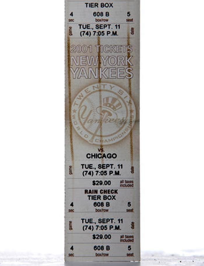 "It's my ticket to the Yankee game that was to be played that night (which, of course, was canceled). I put it in my wallet that morning before I headed into my office in Manhattan. I'm not sure why I saved it. I just could never bear to throw it out." -Eric Beckerman. <a href=" http://www.ndtv.com/article/world/9-11-memories-what-we-kept-132551" class="fg fn fl fs12">Read: 9/11 memories - What we kept</a><br><br>(Photo courtesy: Tony Cenicola, The New York Times)