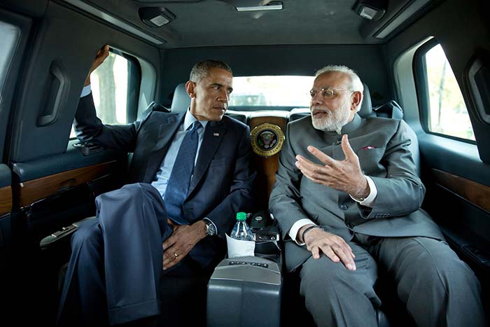 Prime Minister Narendra Modi travels with US President Barack Obama in his car to the Martin Luther King, Jr. Memorial on September 30. During a five-day trip to the US, PM Modi addressed the Indian diaspora at New York's Madison Square Garden <b>Photo Credit: </b> <a href=" http://www.whitehouse.gov/photos-and-video/2014-photos" rel="nofollow" target="_blank"><b>Pete Souza, Director and Chief Official White House Photographer</b></a>