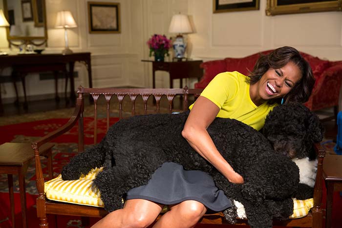 US First Lady Michelle Obama hugs family pets Sunny and Bo during a video taping in the Map Room of the White House. <b>Photo Credit:</b> <a href=" http://www.whitehouse.gov/photos-and-video/2014-photos" rel="nofollow" target="_blank"><b>Pete Souza, Director and Chief Official White House Photographer</b></a>