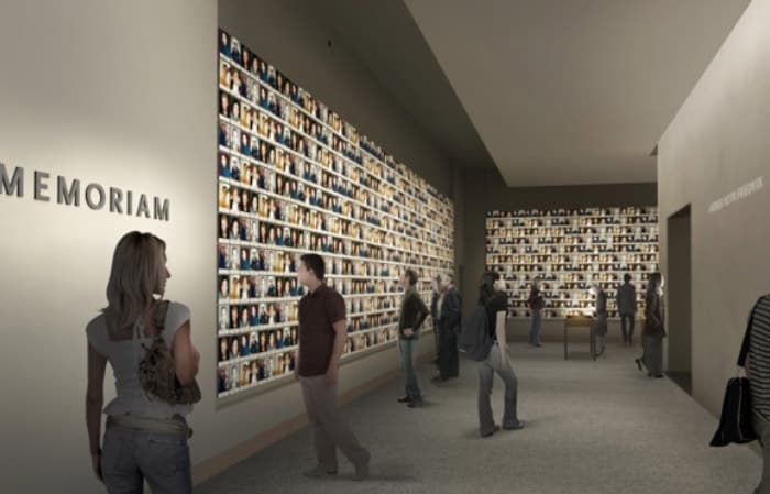 Undated artist's rendering provided by the National September 11 Memorial & Museum shows a planned exhibition gallery that will include a wall of photographs of every victim of the 2001 attack and 1993 World Trade Center bombing.  A multimedia gallery will include several photographs, audiotapes and written remembrances. (AP Photo)