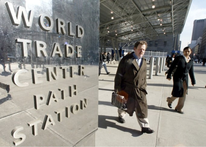 Commuters exit the newly constructed World Trade Center path train station, built on the site of the September 11th terrorist attack, on April 8, 2004 in New York. (AP Photo)