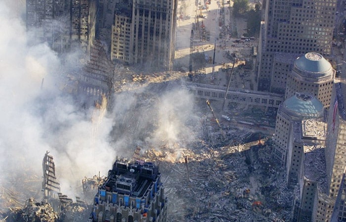 The rubble of the World Trade Center smolders, on Sept. 15, 2001.(AP Photo)