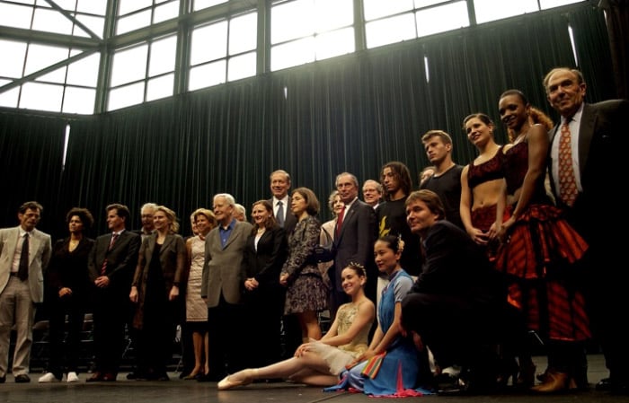 New York City Mayor Michael Bloomberg, New York Gov. George Pataki, Lower Manhattan Development Corporation President Kevin Rampe and LMDC Chairman John Whitehead pose with actors, performers and artists following a news conference in New York's Winter Garden, on June 10, 2004, to announce the selection of organizations that will perform in and be part of the new cultural institutions that will be constructed at the World Trade Center site.(AP Photo)