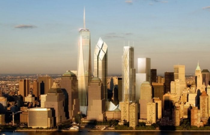 Artist's rendering released on Thursday, Sept. 7, 2006 that shows three proposed designs for the remaining towers at the World Trade Center site. The towers would join the proposed 1,776-foot Freedom Tower, left, in downtown Manhattan's skyline. (AP Photo)