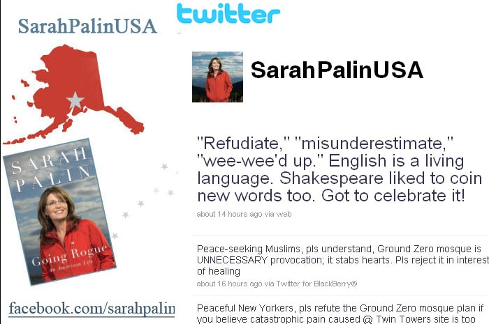 Palin has been prone to gaffes. Here are the few she made in 2010:
*On Thanksgiving day she addressed to 57 states instead of 50. 
*On a radio show she said North Korea is a US ally.
*She committed mistakes while apparently trying to invent new words while tweeting about plans to build a mosque near the 'Ground Zero' site in New York. In her first effort, she asked "peaceful Muslims" to "pls refudiate" the mosque. Having invented a word, in her second attempt she used "refute" incorrectly, calling on "peaceful New Yorkers to refute the Ground Zero mosque plan". Both those messages were removed from her page, though not before being salvaged by US news websites. The third attempt remains.
