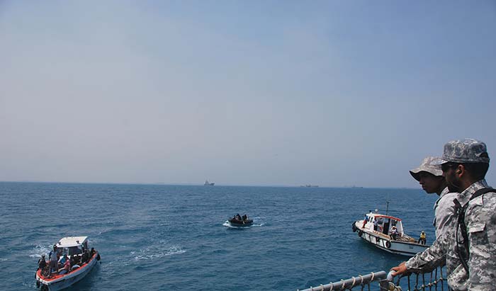 Indian Naval ship INS Mumbai hired 12 small crafts which were used to move 30-35 Indians at one time from the port to INS Mumbai. Around 250 Indians are said to be stranded in Yemen's Aden. Photo Courtesy: Indian Navy