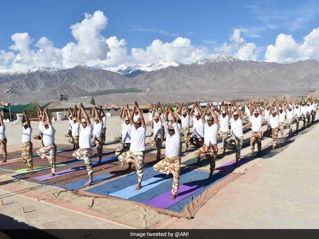 ITBP personnel participate in yoga practice session in Leh on  International Day of Yoga.