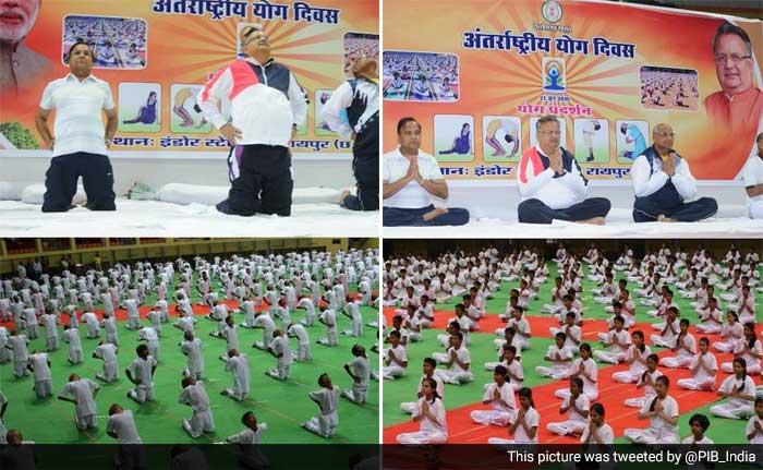 #YogaDay: CM of Chhattisgarh, Dr Raman Singh gave live yoga demonstration to students in Raipur.