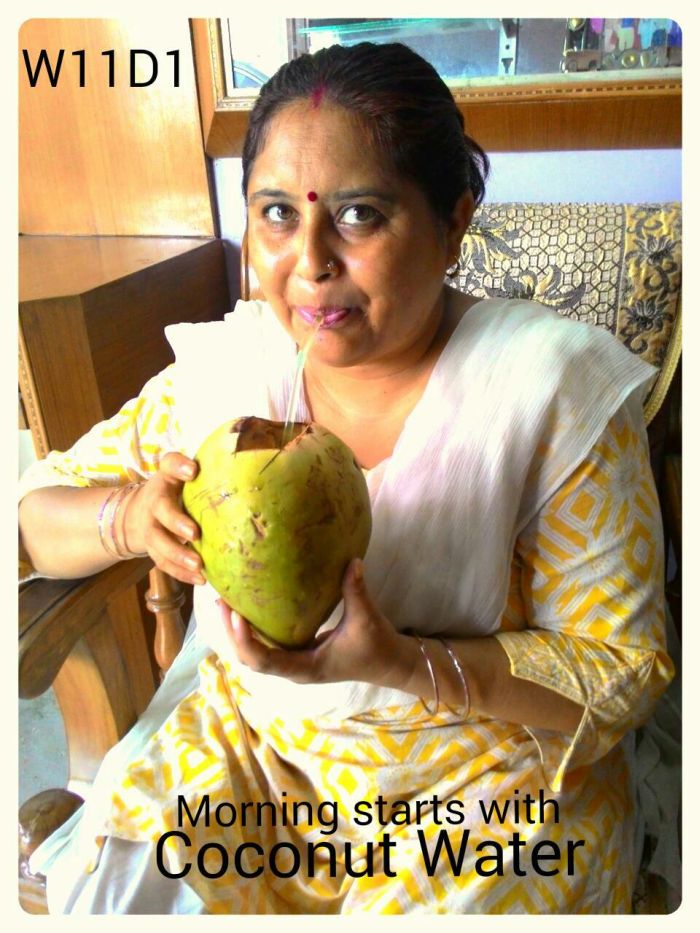 Reshma Ranjeet enjoying coconut water. Coconut water has less sugar than many of the aerated drinks and sports drinks. It contains much less sugar than sodas and some fruit juices.