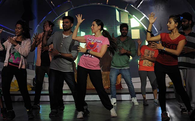 Actor Karisma Kapoor rehearses her steps for the Telethon.