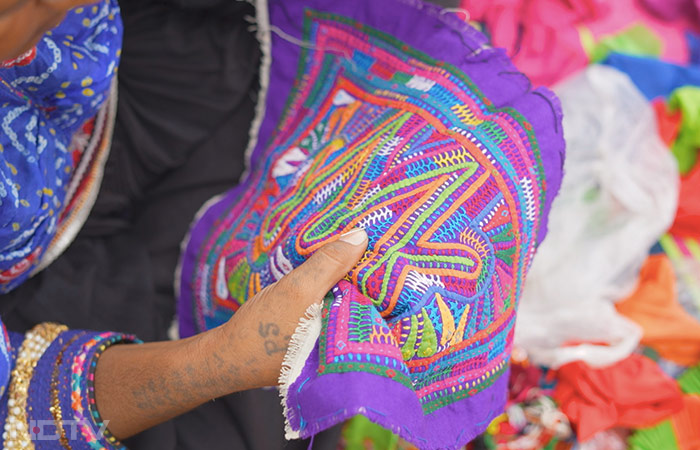 Mythological and historic events can be depicted in embroidery, as can significant riots and events for the community. Every pattern is hand sewn and the Rabaris draw inspiration from their surroundings, experiences, and heritage. Creatures like peacocks, which roam in the jungle are all represented via embroidery and applique.