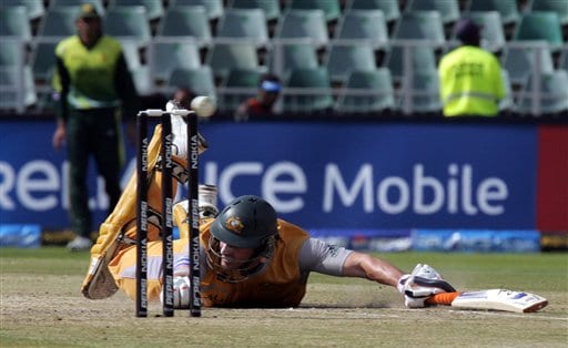 Australia's batsman Mike Hussey, survives a run out during their Super Eight's of their Twenty20 World Championship cricket match against Pakistan at the Wanderers Stadium in Johannesburg, South Africa, Tuesday, Sept. 18, 2007. Australia vs Pakistan