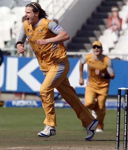 Australia's Natham Bracken, celebrates a wicket during their Twenty20 cricket match against Sri Lanka in Cape Town, South Africa, Thursday, Sept. 20, 2007. Australia vs Sri Lanka