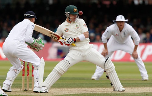 Brad Haddin plays a shot off the bowling of Graeme Swann on the fourth day of the second Test at Lord's. (AP Photo) Ashes: 2nd Test, Day 4