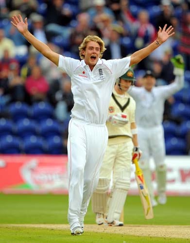 Stuart Broad celebrates after taking the wicket of Micheal Clarke on the third day of the first Ashes Test between England and Australia in Cardiff. (AFP Photo) Ashes: 1st Test, Day 3