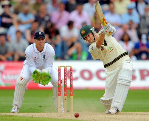 Michael Clarke bats as Matt Prior looks on, on the third day of the first Ashes Test in Cardiff. (AFP Photo) Ashes: 1st Test, Day 3