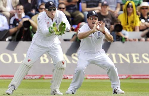 Matt Prior and Andrew Strauss react after the ball beats the bat on the third day of the first Ashes Test in Cardiff. (AFP Photo) Ashes: 1st Test, Day 3