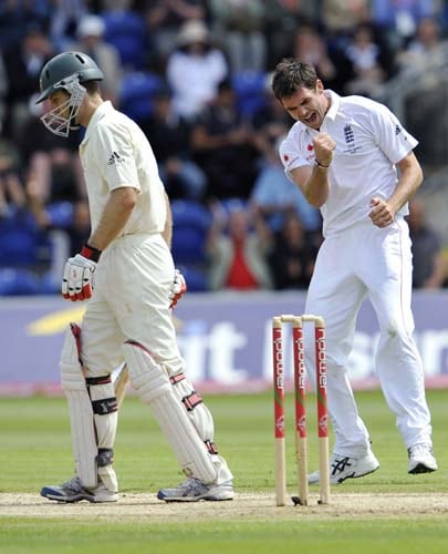 James Anderson celebrates dismissing Simon Katich on the third day of the first Ashes Test in Cardiff. (AFP Photo) Ashes: 1st Test, Day 3