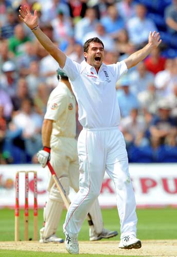 James Anderson celebrates after taking the wicket of Simon Katich who scored 122 runs during the third day of the first Ashes Test in Cardiff. (AFP Photo) Ashes: 1st Test, Day 3