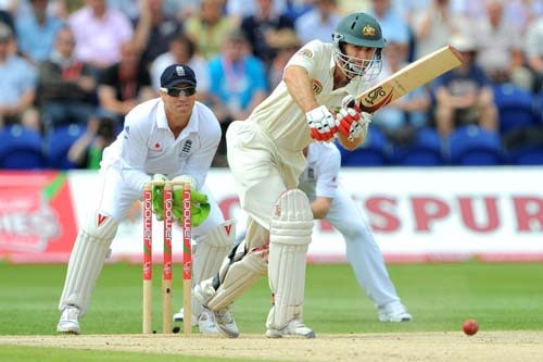Simon Katich scores runs during the third day of the first Ashes Test against England in Cardiff. (AFP Photo) Ashes: 1st Test, Day 3