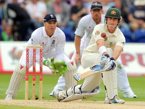 Marcus North bats watched by Matt Prior and Paul Collingwood on the third day of the first Ashes Test in Cardiff. (AFP Photo) Ashes: 1st Test, Day 3