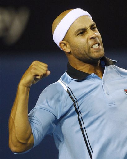 James Blake of the United States reacts to winning a point as he plays Canada's Frank Dancevic during their men's singles match at the Australian Open on Tuesday. (AP Photo) Australian Open Day 2