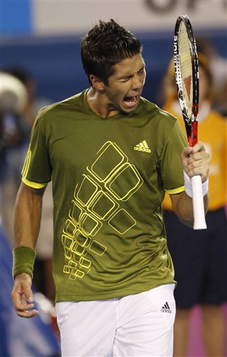 Spain's Fernando Verdasco reacts after winning over France's Jo-Wilfried Tsonga in their men's singles quarterfinal at the Australian Open in Melbourne on Wednesday. (AP Photo) Australian Open Day 10