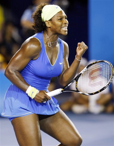 Serena Williams of the United States celebrates after beating Russia's Svetlana Kuznetsova during their women's singles quarterfinal match at the Australian Open in Melbourne on Wednesday. (AP Photo) Australian Open Day 10