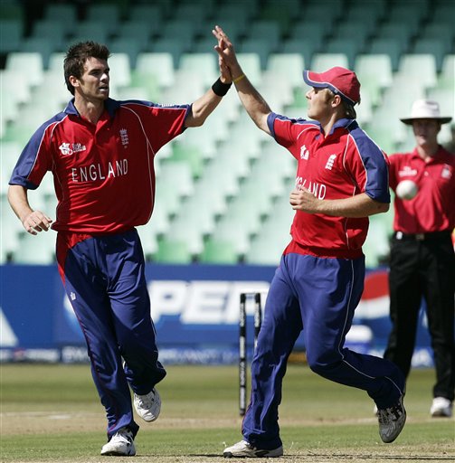 England's James Anderson, left, and Luke Wright, celebrate the dismissal of New Zealand's Brendon McCullum during their Twenty20 World Championship Cricket match in Durban, South Africa, Tuesday, Sept. 18, 2007. England vs New Zealand