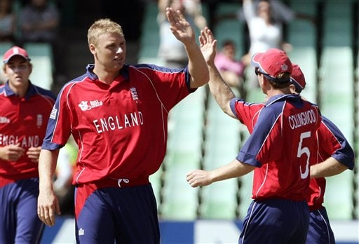 England's Andrew Flintoff, second from left, celebrates with fellow team members the dismissal of New Zealand's Peter Fulton during their Twenty20 World Championship Cricket match in Durban, South Africa, Tuesday, Sept. 18, 2007. England vs New Zealand