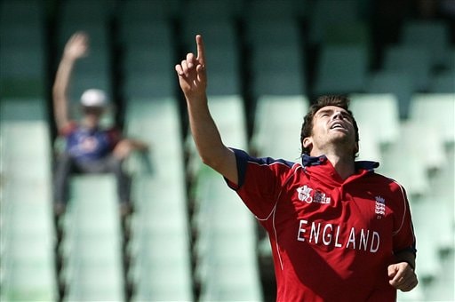 England's James Anderson celebrates the dismissal of New Zealand's Brendon McCullum during their Twenty20 World Championship Cricket match in Durban, South Africa, Tuesday, Sept. 18, 2007. England vs New Zealand