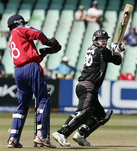 New Zealand's Scott Styris, right, plays a shot against England during their Twenty20 World Championship Cricket match in Durban, South Africa, Tuesday, Sept. 18, 2007. England vs New Zealand