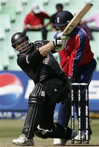 New Zealand's Scott Styris, left, plays a shot against England during their Twenty20 World Championship Cricket match in Durban, South Africa, Tuesday, Sept. 18, 2007. England vs New Zealand