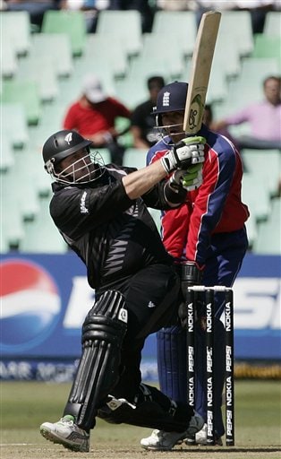 New Zealand's Scott Styris, left, plays a shot against England during their Twenty20 World Championship Cricket match in Durban, South Africa, Tuesday, Sept. 18, 2007. England vs New Zealand