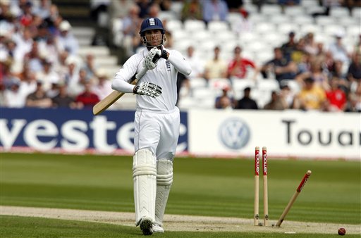 Michael Vaughan walks back towards the pavilion after being bowled by New Zealand's Iain O'Brien, unseen, during their 3rd Test match at Trent Bridge Stadium in Nottingham on Thursday June 5, 2008. Day 1: England vs New Zealand, 3rd Test