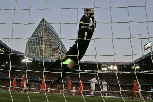 Netherlands' Edwin van der Sar catches the ball during the quarterfinal match between the Netherlands and Russia in Basel, Switzerland. Netherlands vs Russia