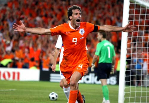 Netherlands' Ruud van Nistelrooy celebrates after scoring his team's equalizer during the quarterfinal match between the Netherlands and Russia in Basel, Switzerland. Netherlands vs Russia