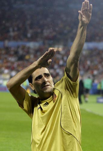 Spain's Daniel Guiza reacts after scoring his team's second goal during the semifinal match between Russia and Spain in Vienna, Austria. 2nd Semifinal - Russia vs Spain