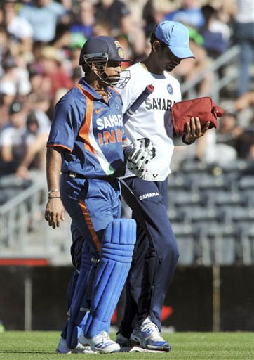 Sachin Tendulkar retires injured, 163 not out against New Zealand in the 3rd One-Day International at AMI Stadium in Christchurch. (AP Photo) India vs New Zealand: 3rd ODI